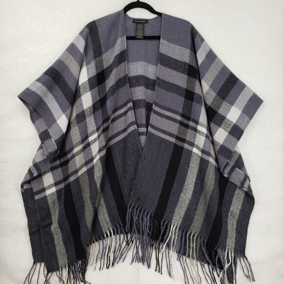 Banana Republic Poncho Womens One Size Blue Gray Plaid Fringed Wrap Cape Shawl - Picture 1 of 7